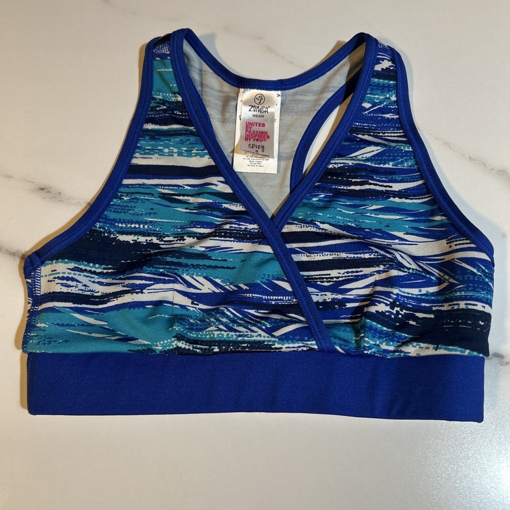 Zumba Fitness Geo V-Neck Bra Sport Top Bangin Blue - S Small